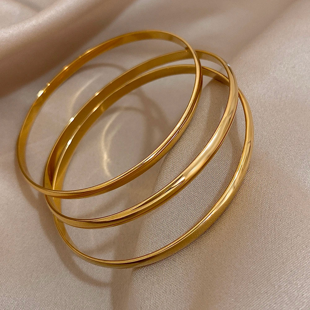 3pcs Glossy 18K Gold-Plated Stainless Steel Bangle Bracelet - Minimalist Design