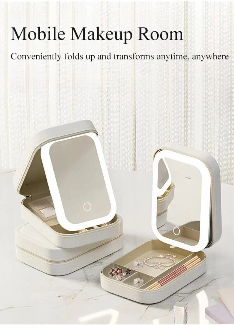 Makeup Organizer Storage Box with LED Mirror - Portable & Rechargeable