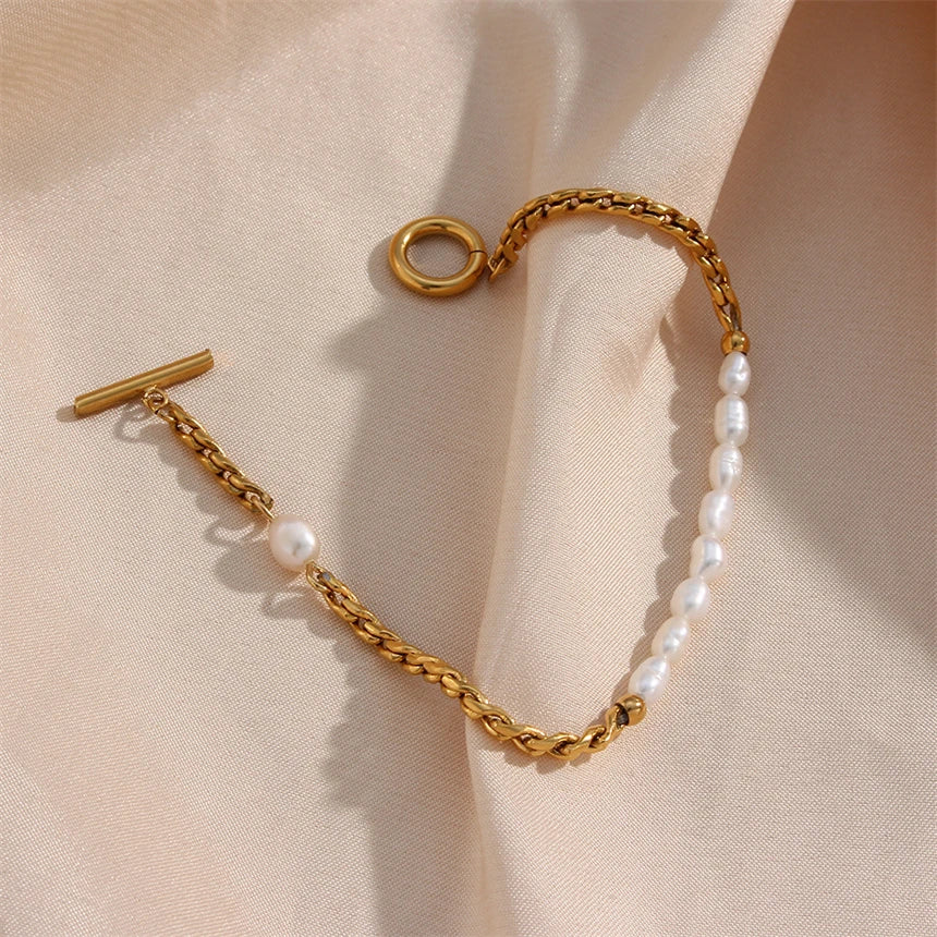 Stainless Steel Vintage Pearl & Chain Bracelet – Elegant Statement Jewelry