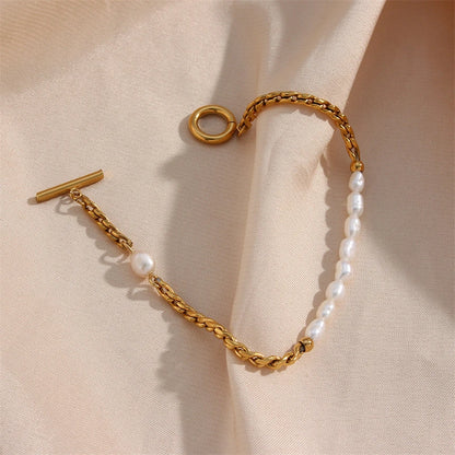 Stainless Steel Vintage Pearl & Chain Bracelet – Elegant Statement Jewelry