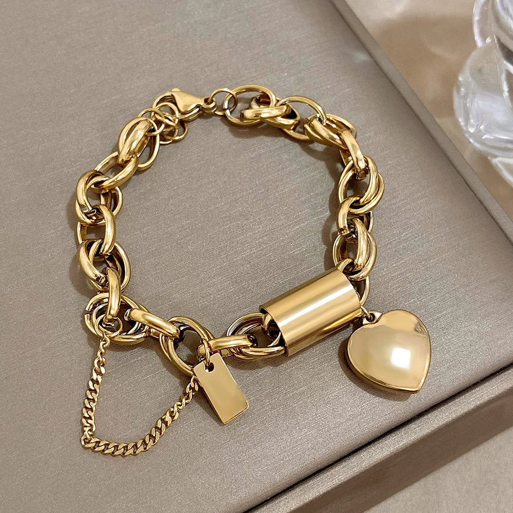 Heart Lock Charm Bracelet – Chunky & Elegant