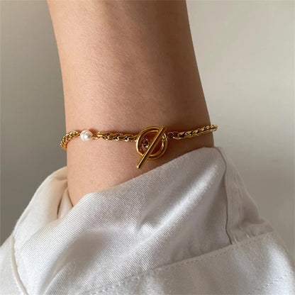 Stainless Steel Vintage Pearl & Chain Bracelet – Elegant Statement Jewelry