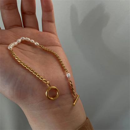 Stainless Steel Vintage Pearl & Chain Bracelet – Elegant Statement Jewelry