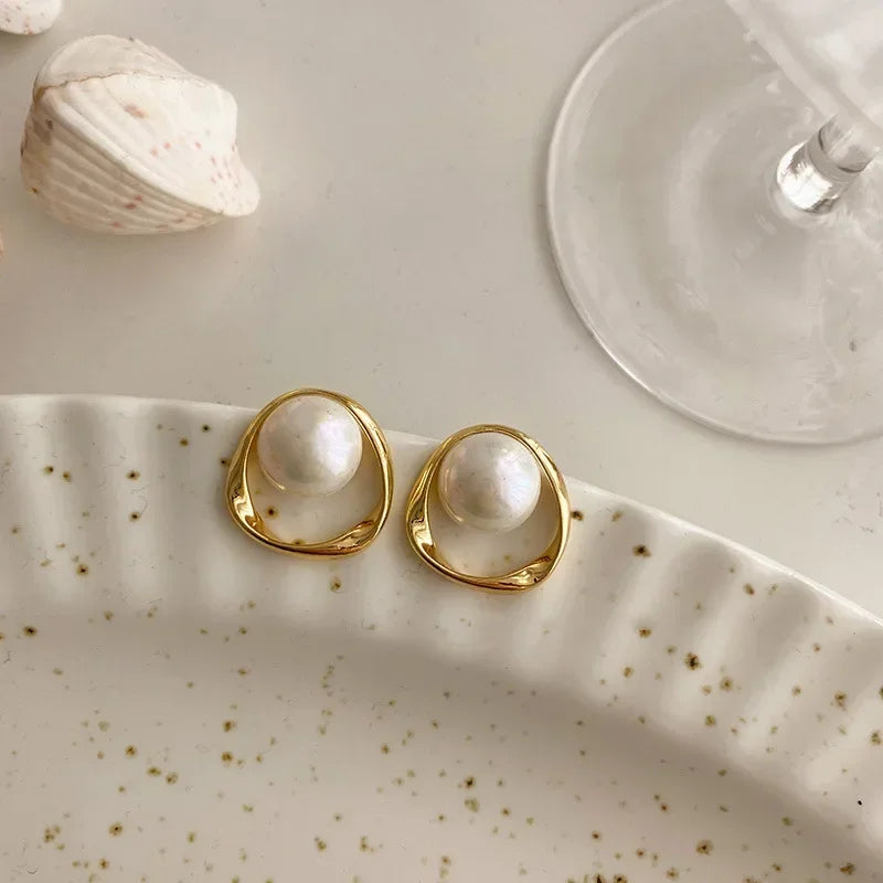 Elegant Pearl Stud Earrings – Gold Color