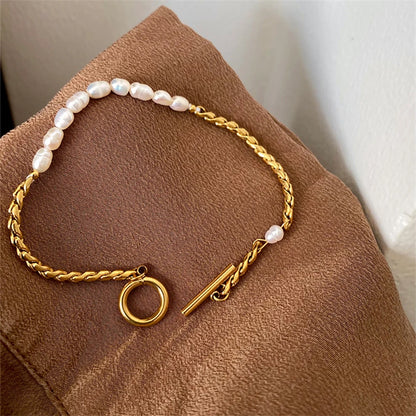 Stainless Steel Vintage Pearl & Chain Bracelet – Elegant Statement Jewelry