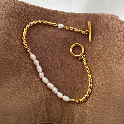Stainless Steel Vintage Pearl & Chain Bracelet – Elegant Statement Jewelry