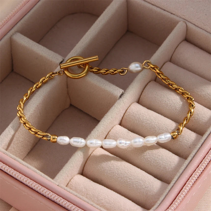 Stainless Steel Vintage Pearl & Chain Bracelet – Elegant Statement Jewelry