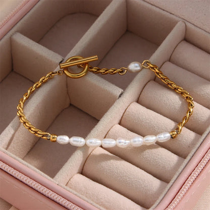 Stainless Steel Vintage Pearl & Chain Bracelet – Elegant Statement Jewelry